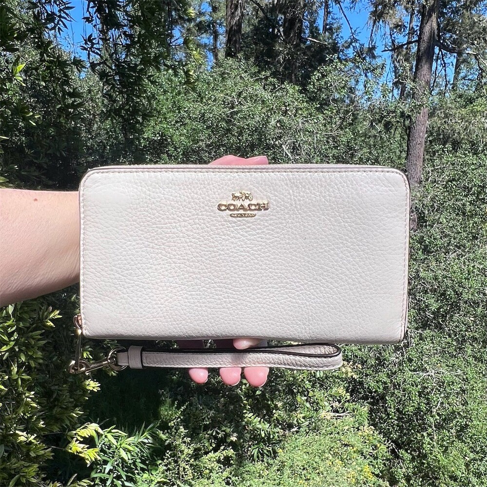 COACH Long Zip-Around Pebble Leather Wallet w White with Gold Hardware AUTHENTIC